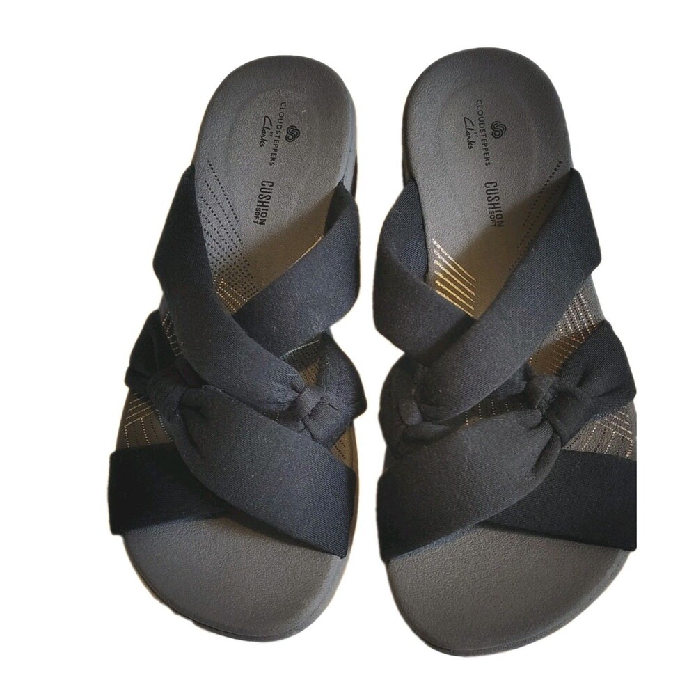 Clarks Cloudsteppers Women's Arla Rae Black Textile Knot Slide Sandals Size 6 M